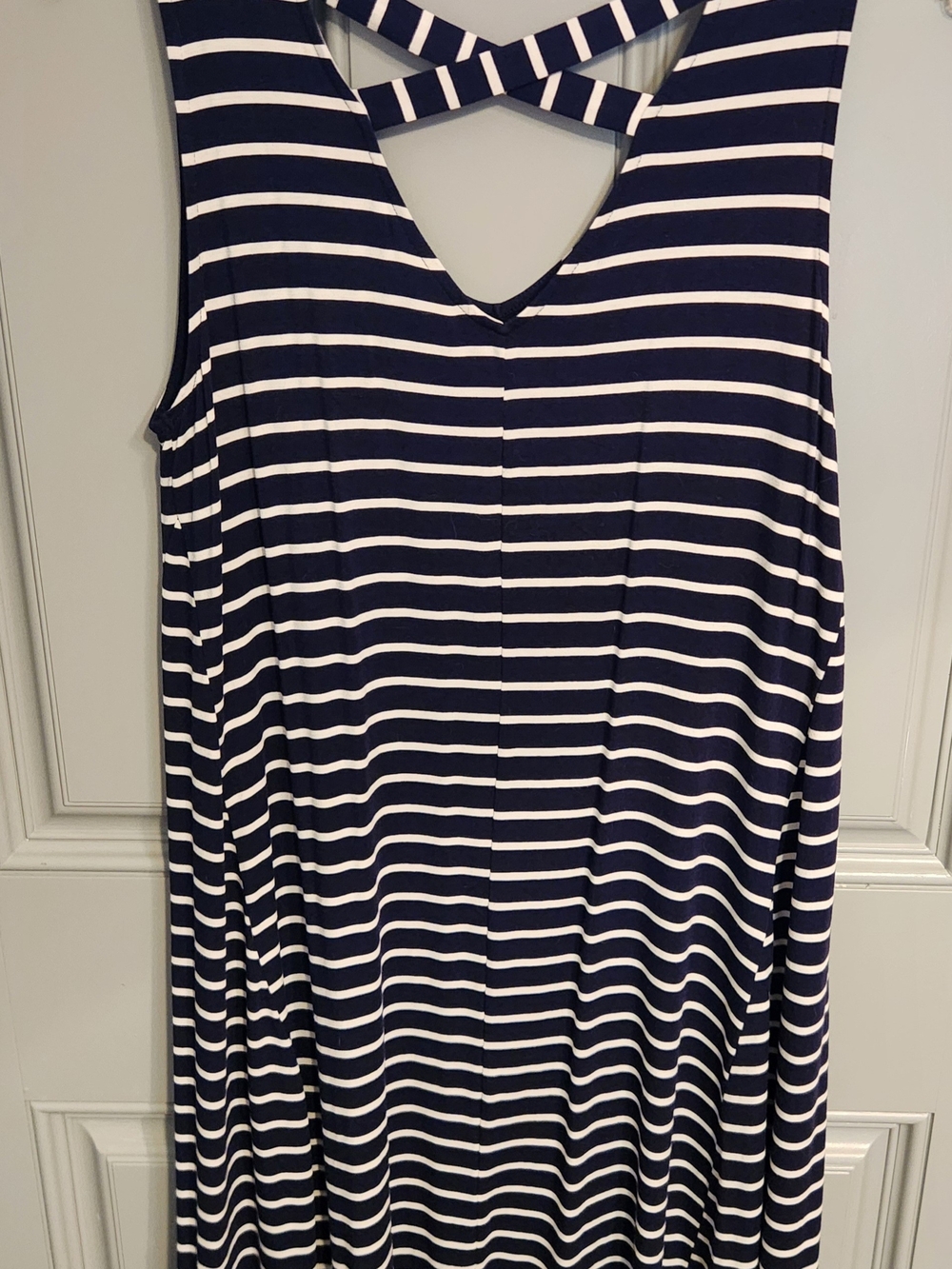 Style & Co. Striped Navy and White Sleeveless Crisscross Back Dress